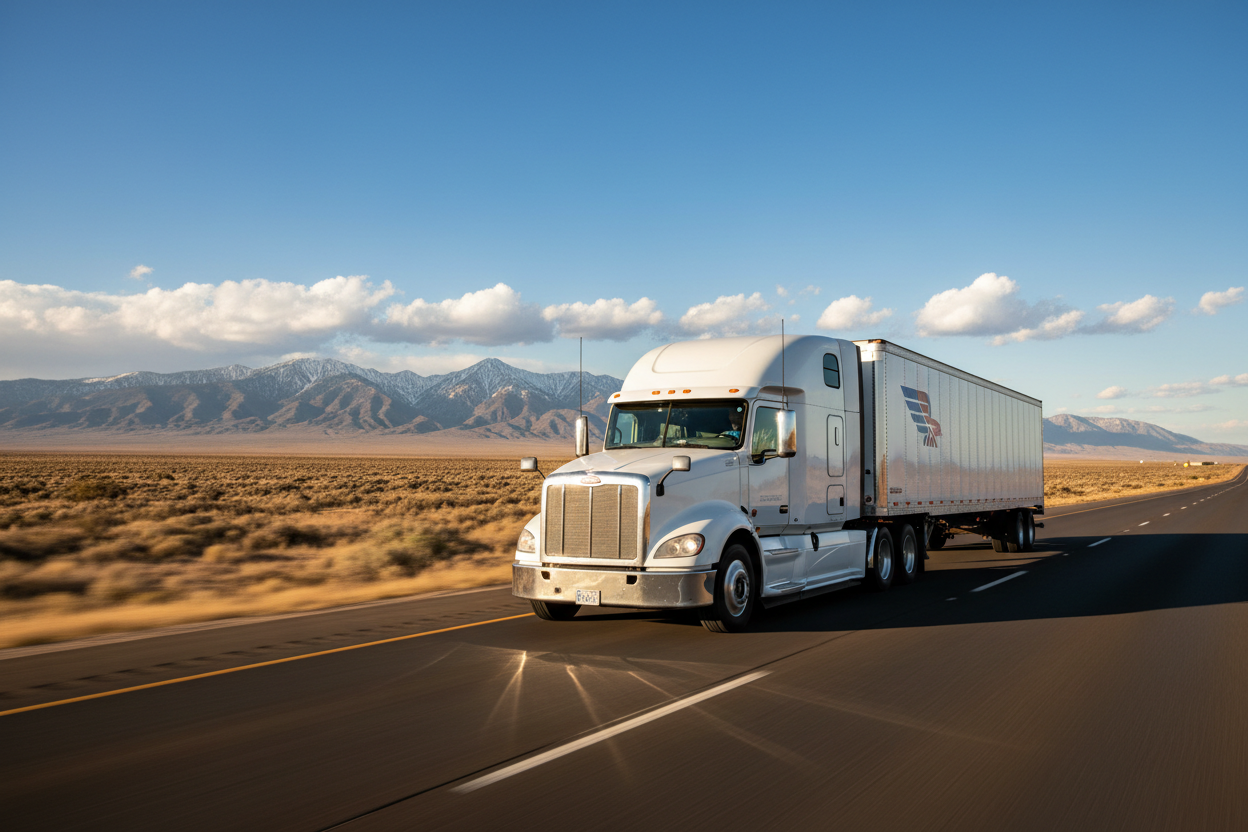American trailer on highway to mountains