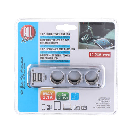 3-Socket Car Cigarette Lighter Splitter with 2 USB Ports